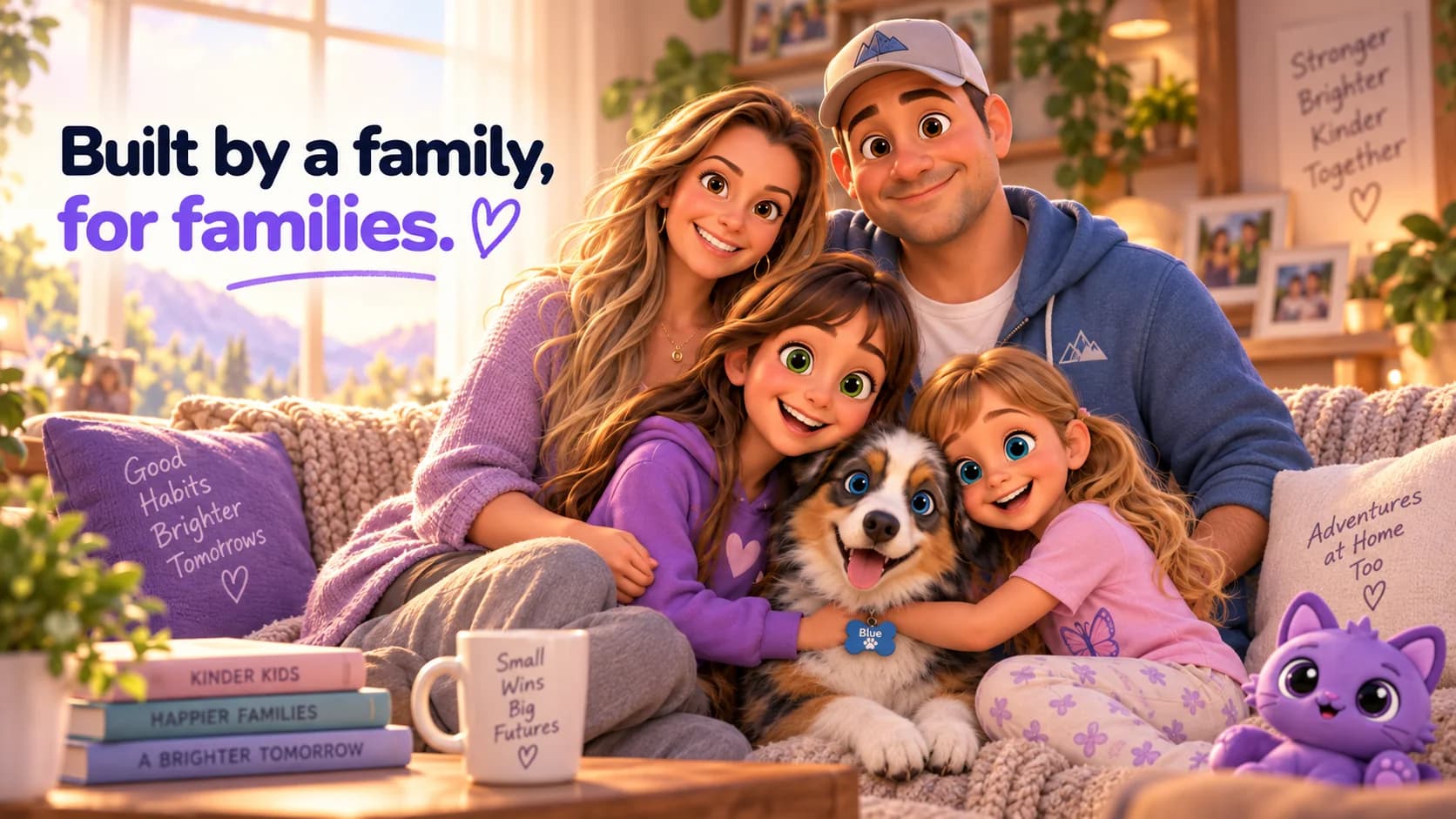 Built by a family, for families. The family cuddled up on the couch with their puppy.