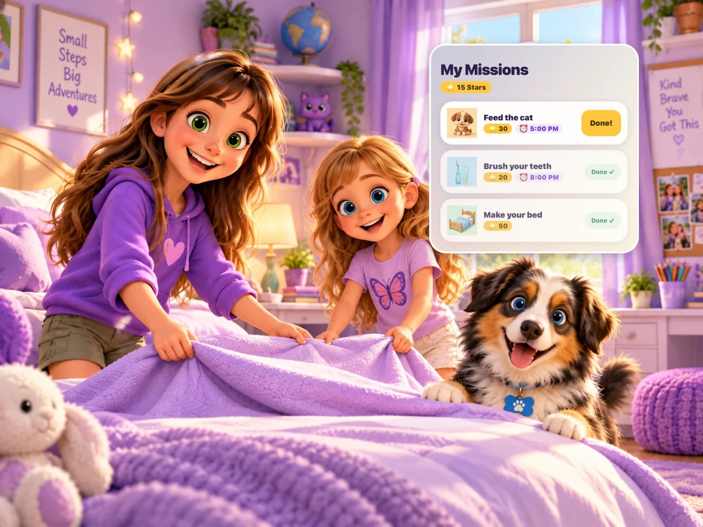 Two sisters making the bed together while their puppy watches.