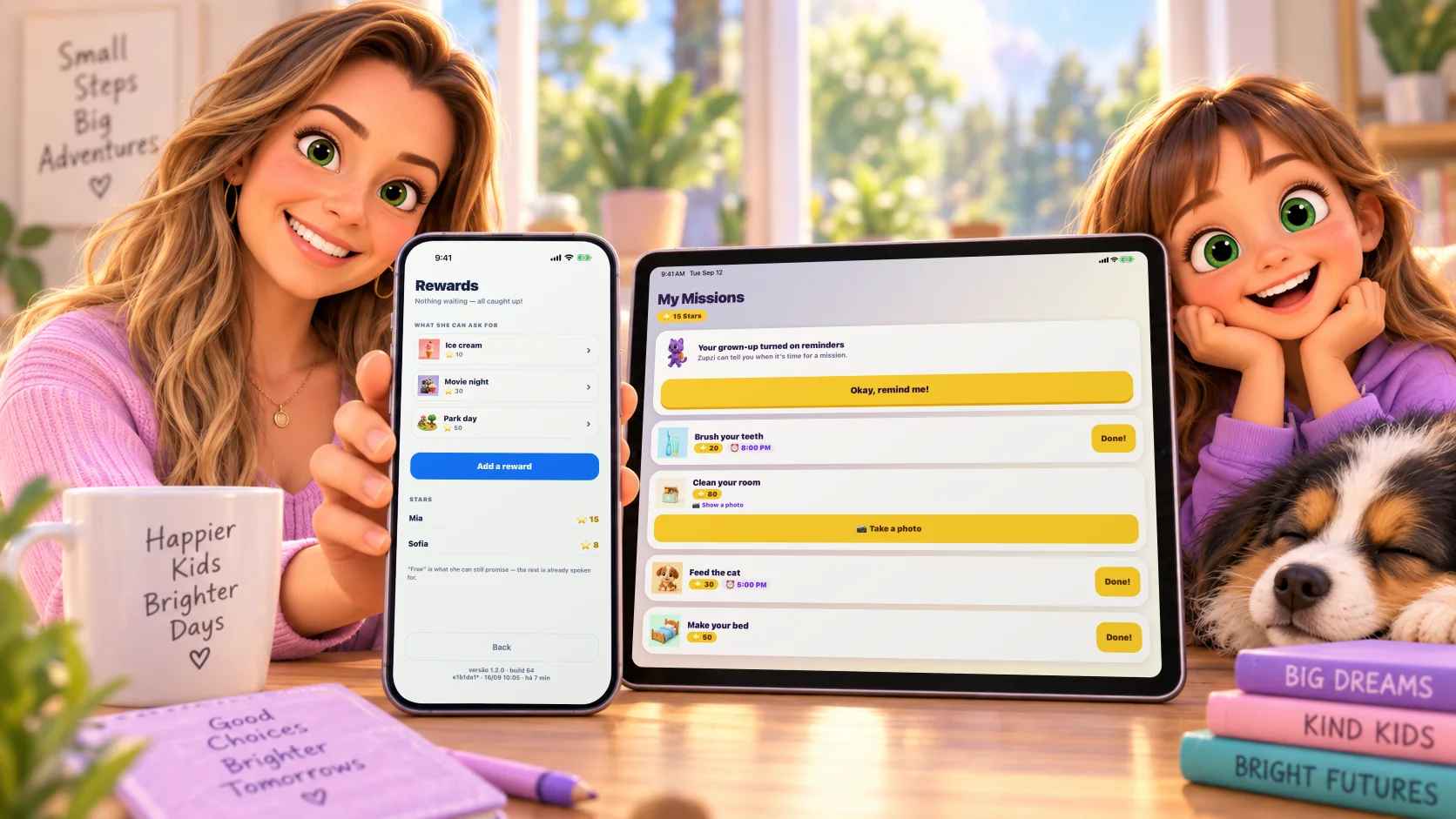 The Zupzi app open on a phone and on a tablet, between mom and her daughter.