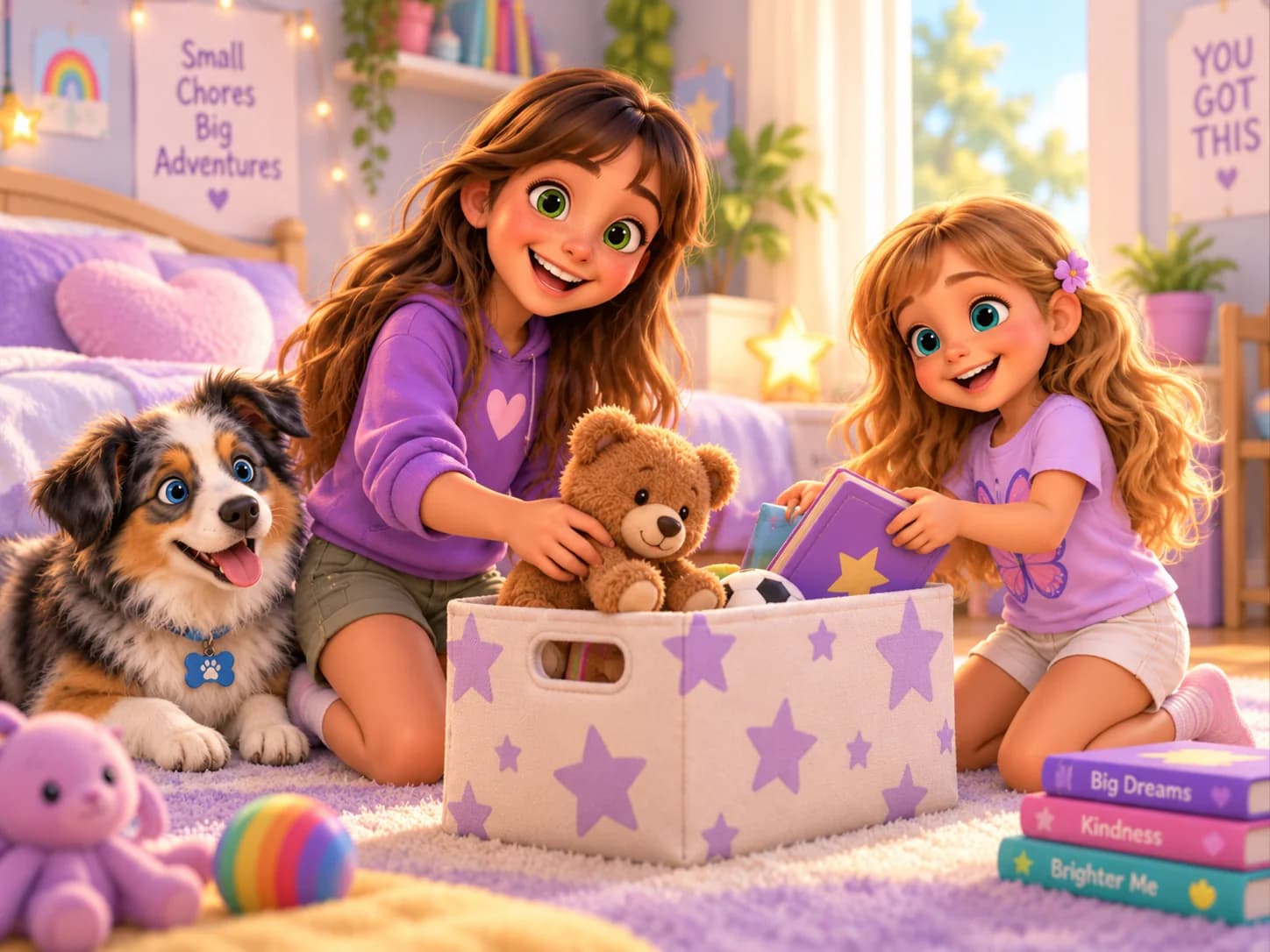 Two sisters putting their toys away in a box with their puppy.