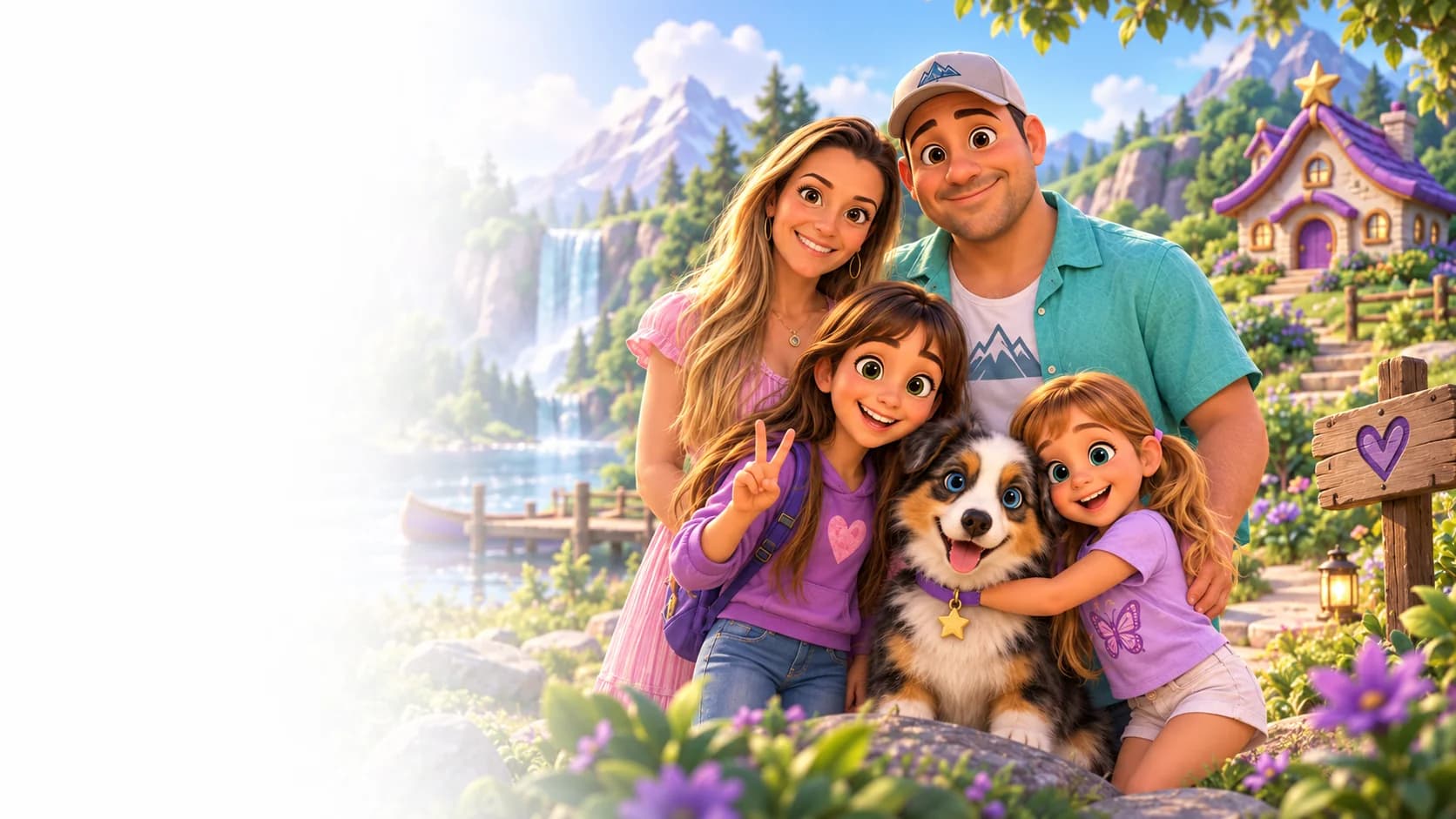 A mom, a dad, two sisters and their puppy smiling together outdoors.