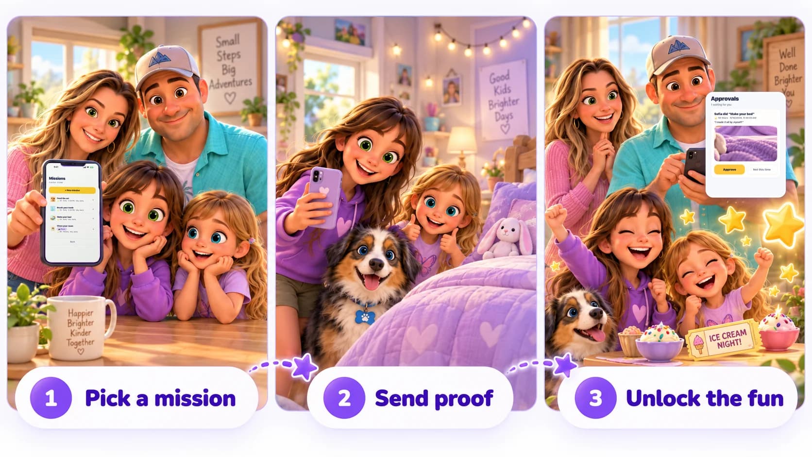 Three steps: pick a mission, send proof, unlock the fun.