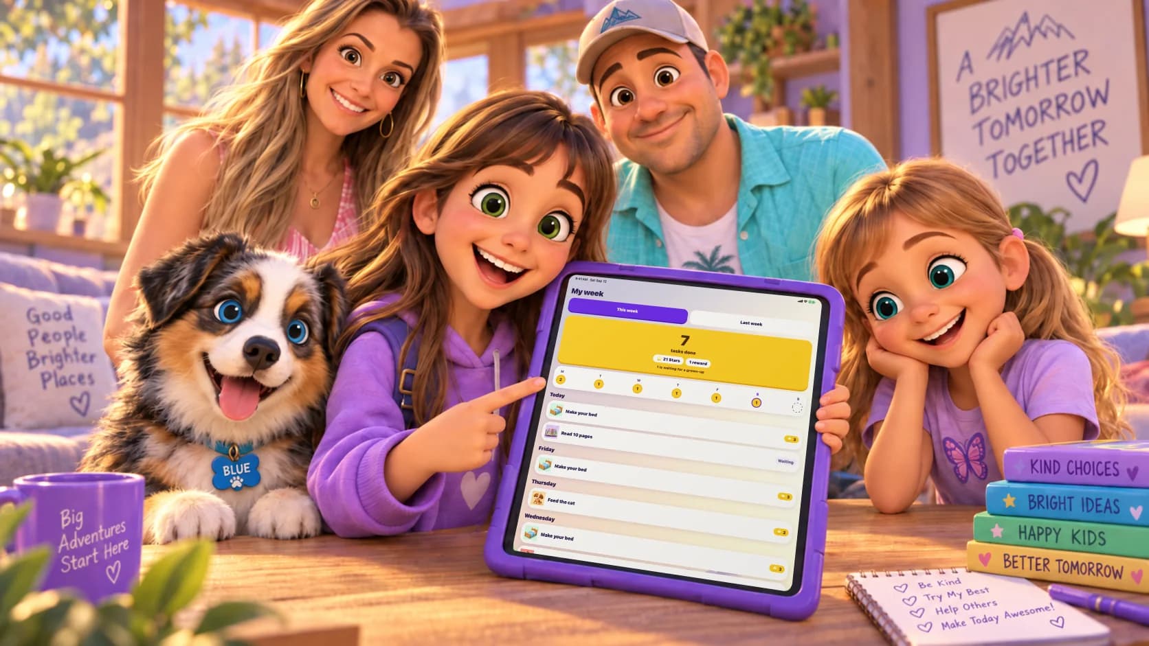 A girl pointing at her week in the Zupzi app on a tablet.