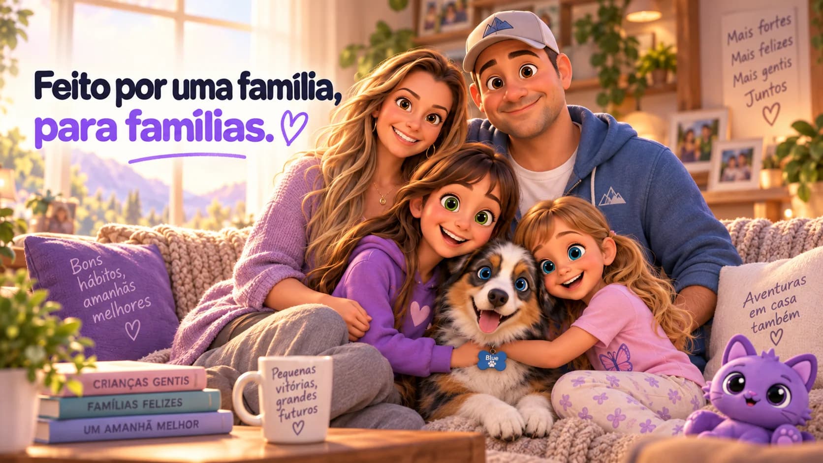 Feito por uma família, para famílias. A família abraçada no sofá com o cachorro Blue, entre almofadas que dizem Bons hábitos, amanhãs melhores e Aventuras em casa também.