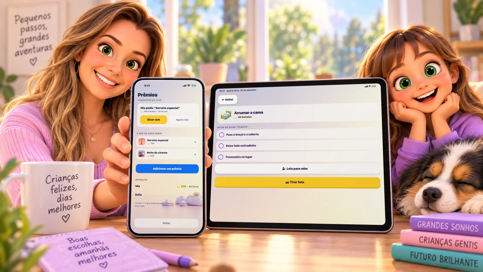 O app Zupzi aberto num celular, na tela Prêmios, e num tablet, na missão Arrumar a cama, entre a mãe e a filha.