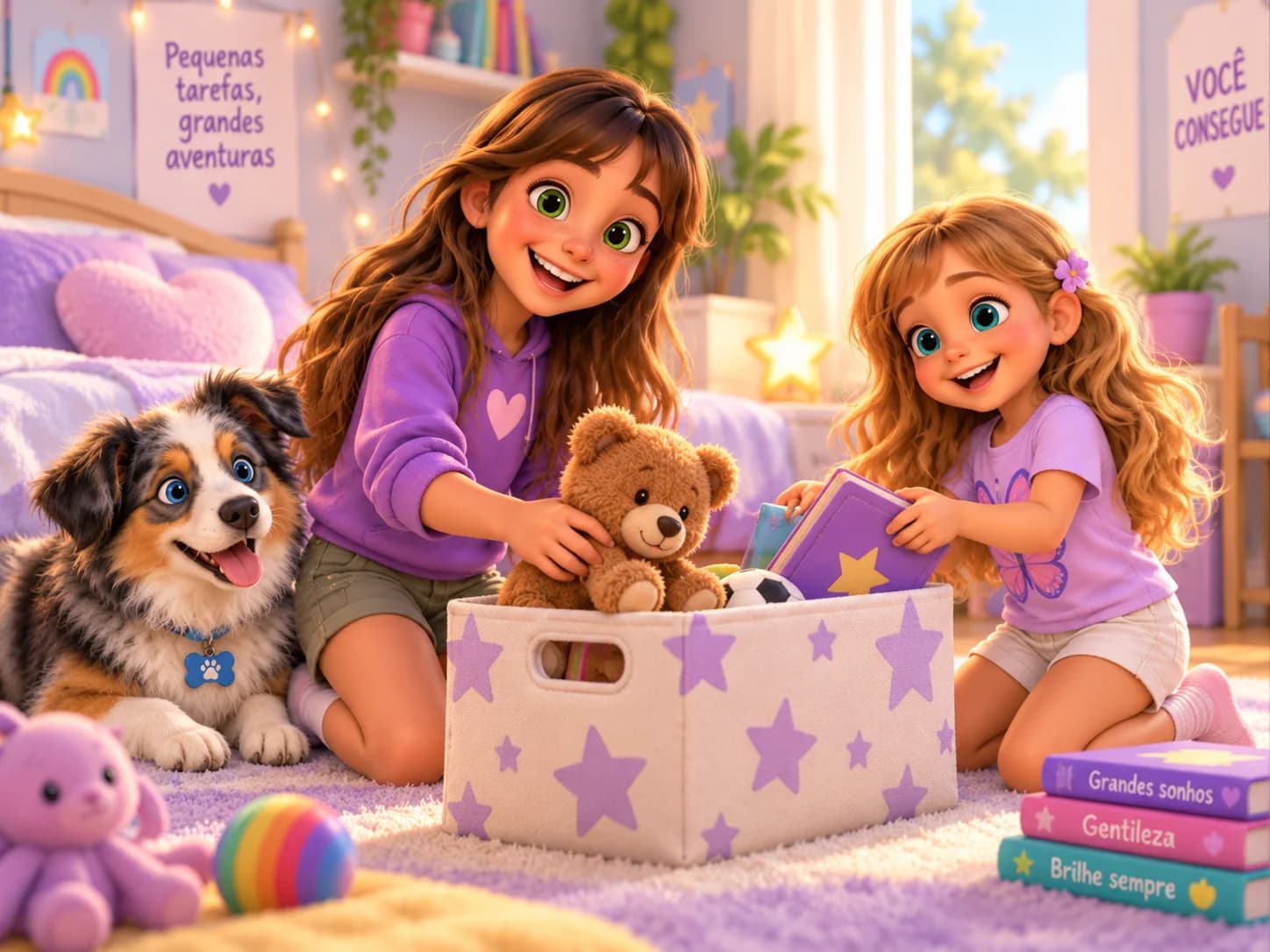 Duas irmãs guardando os brinquedos numa caixa com o cachorro, embaixo de um cartaz que diz Você consegue.