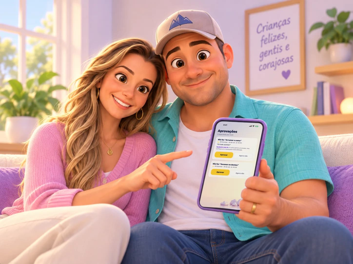 A mãe e o pai olhando a tela Aprovações do app Zupzi num celular, com os botões Aprovar e Agora não.