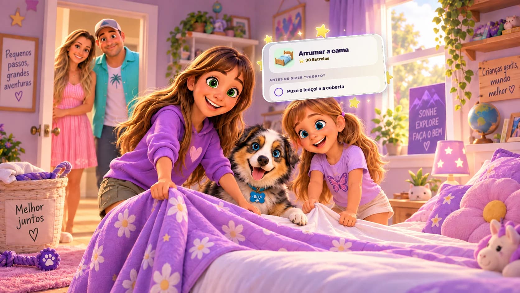 Duas irmãs arrumando a cama enquanto a mãe e o pai sorriem da porta, ao lado da missão Arrumar a cama, de 30 Estrelas, no app Zupzi.