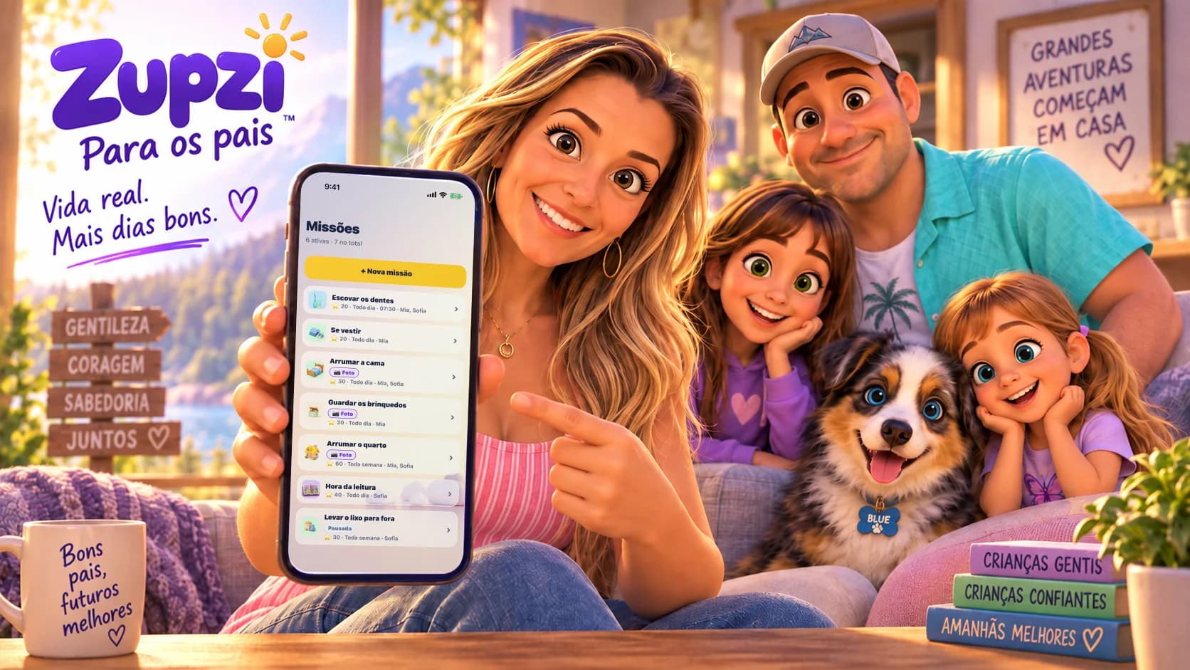 Zupzi para os pais: a mãe mostrando a tela Missões do app Zupzi no celular dela, com a família no sofá.