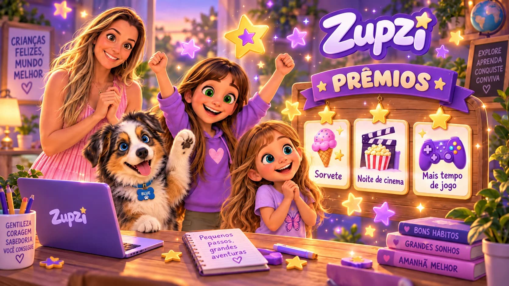 As meninas e o cachorro comemorando na frente de um quadro de prêmios: Sorvete, Noite de cinema e Mais tempo de jogo.