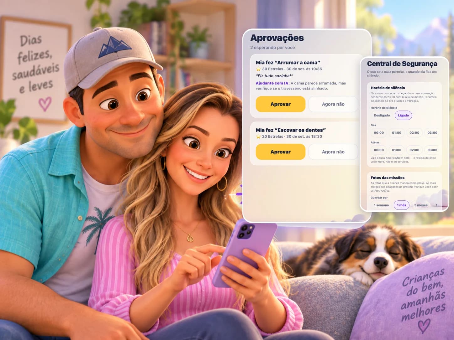 A mãe e o pai olhando o celular ao lado das telas Aprovações e Central de Segurança do app Zupzi, com os botões Aprovar e Agora não.