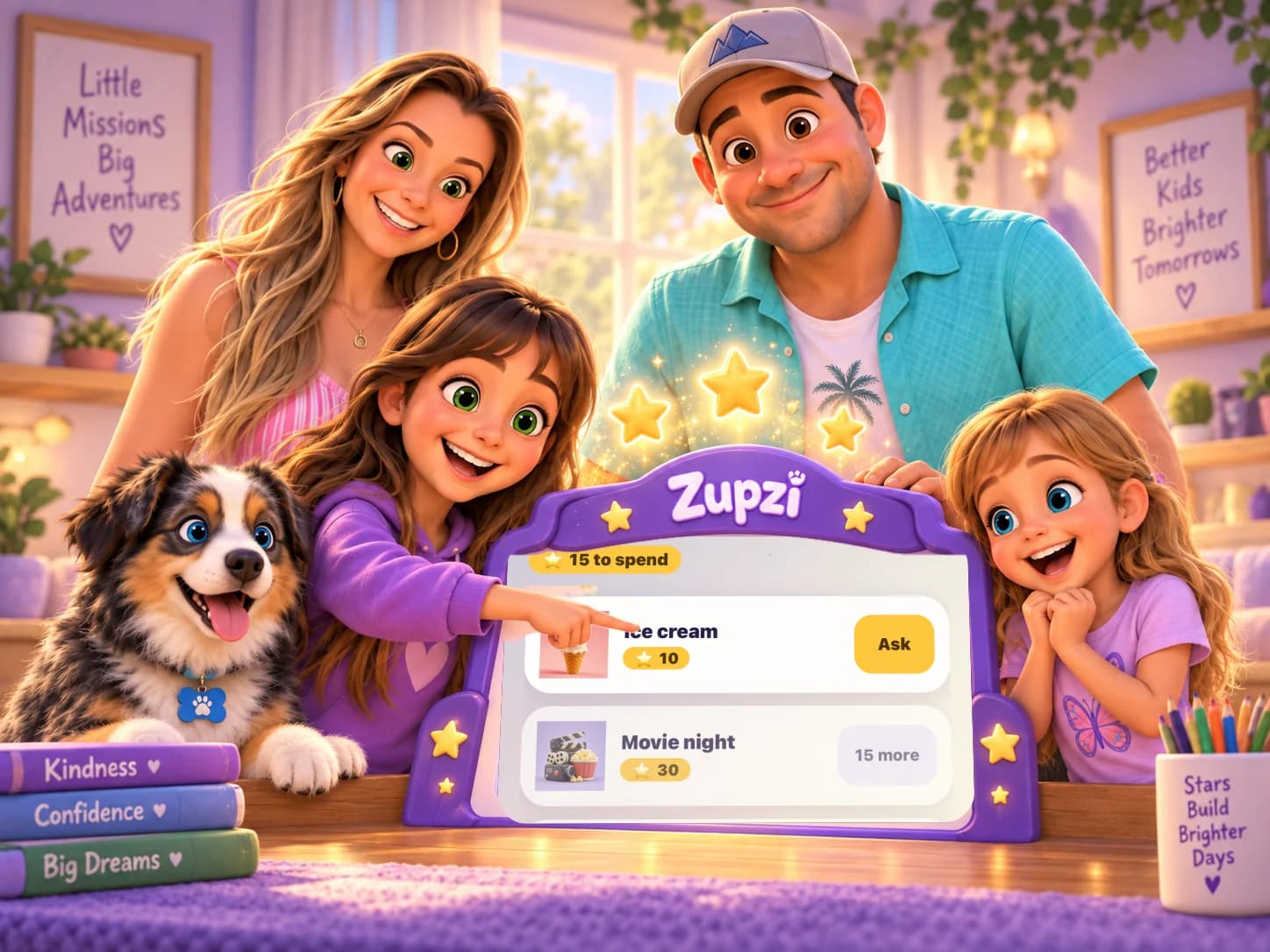 The family cheering as the girls pick a reward with their Stars.