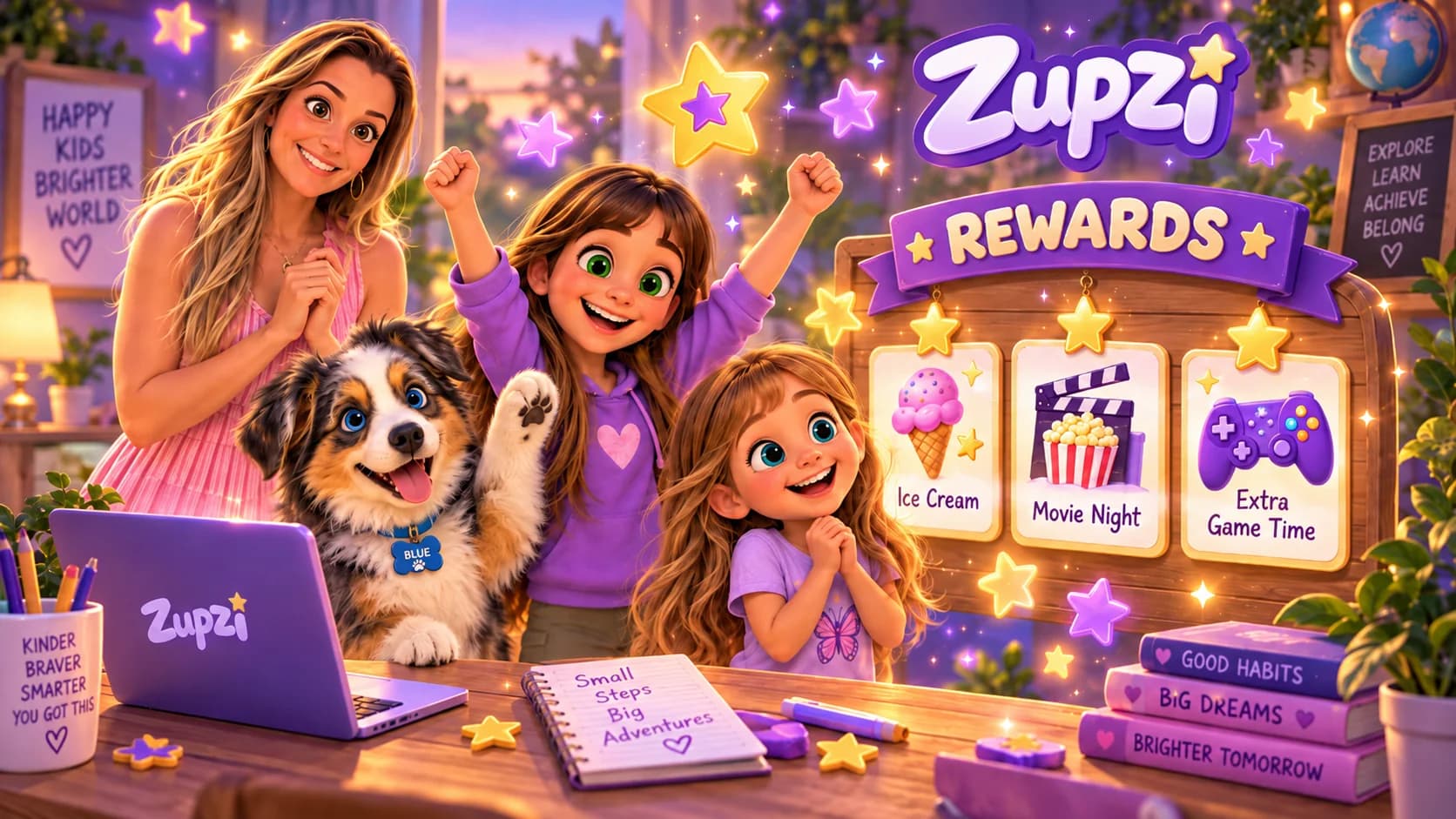 The girls and their puppy celebrating in front of a board of rewards.